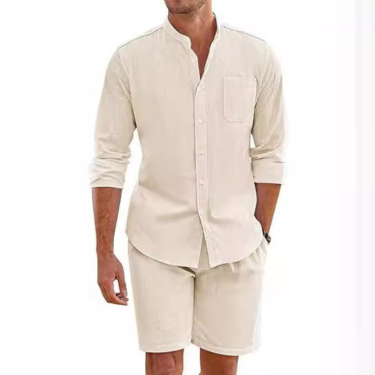 Summer Two-Piece Set Polyester Button Shirt Long Sleeve Shorts Cardigan Simple Casual Beach Wear
