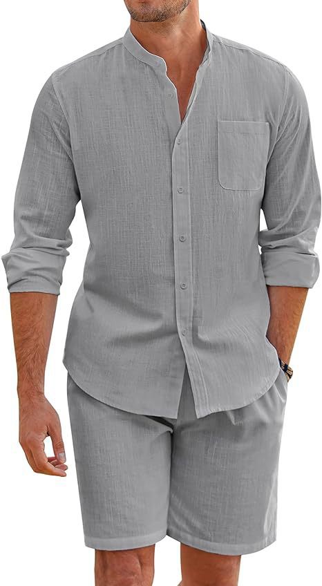 Summer Two-Piece Set Polyester Button Shirt Long Sleeve Shorts Cardigan Simple Casual Beach Wear