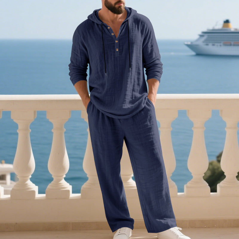 Men's Linen Hooded Sweatshirt and Pants Set