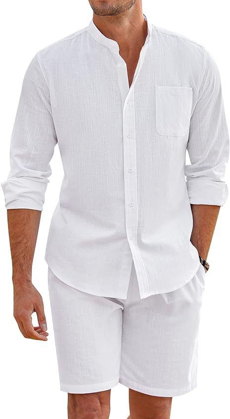 Summer Two-Piece Set Polyester Button Shirt Long Sleeve Shorts Cardigan Simple Casual Beach Wear