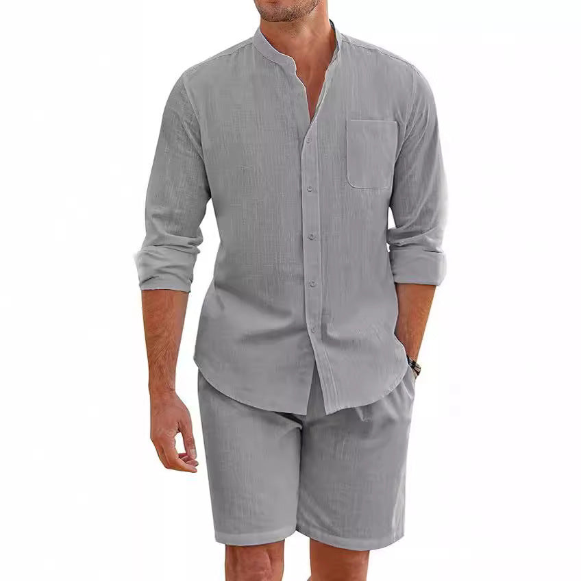 Summer Two-Piece Set Polyester Button Shirt Long Sleeve Shorts Cardigan Simple Casual Beach Wear
