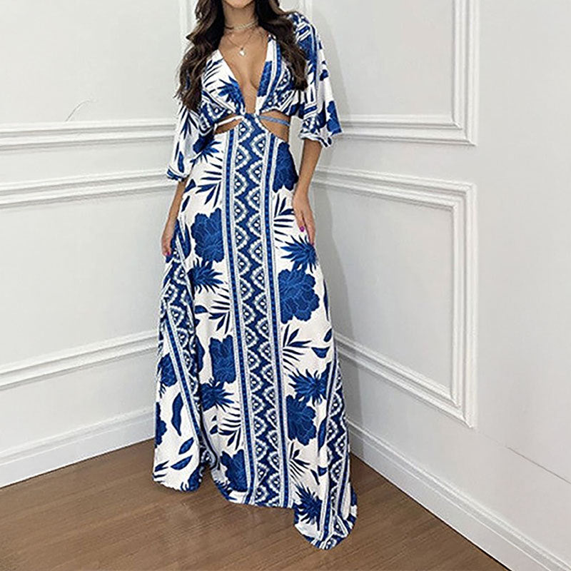 Elegant Tie Waist Printed Long Dress