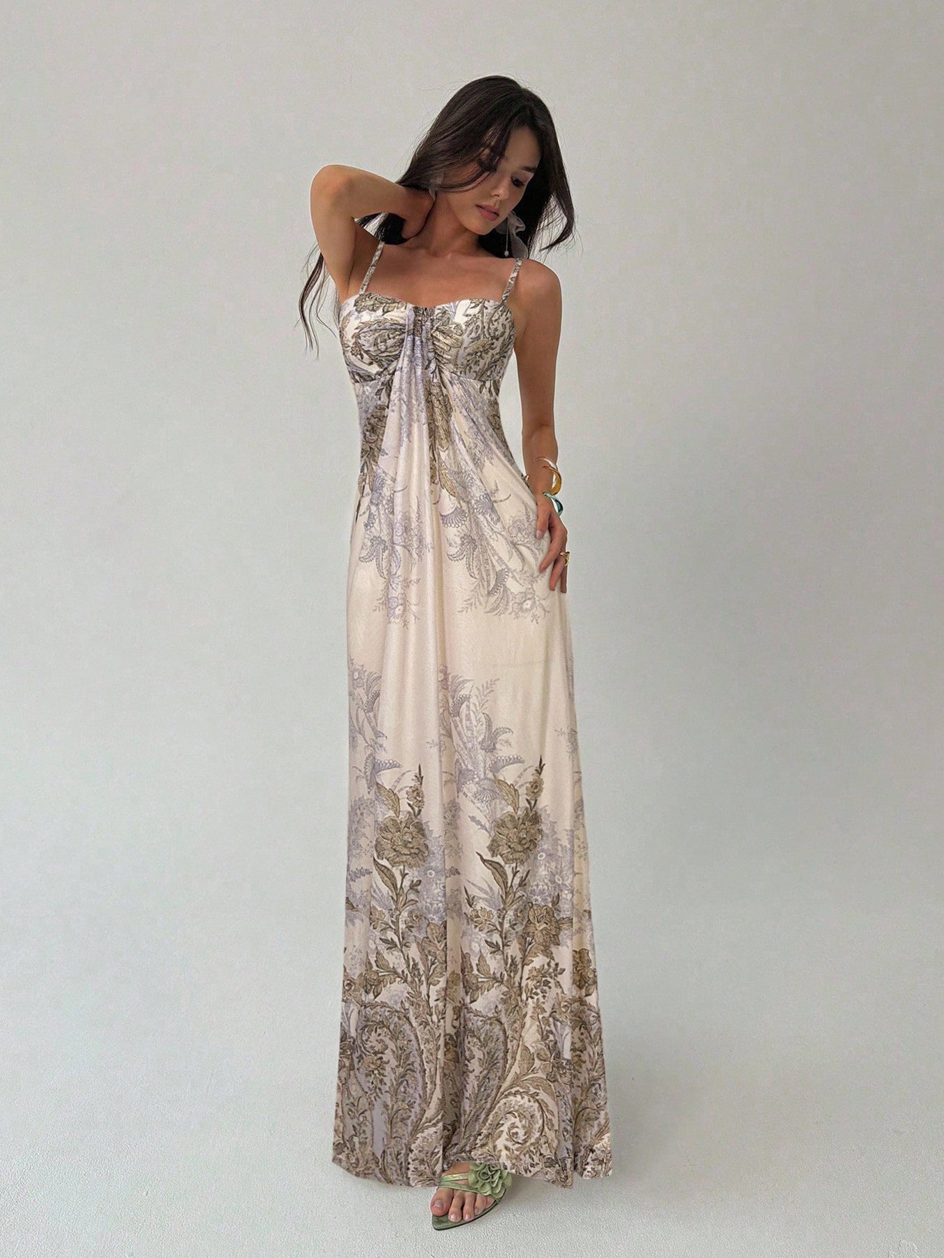 Floral Print Twist Waist Halter Long Dress