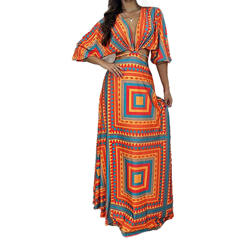 Elegant Tie Waist Printed Long Dress