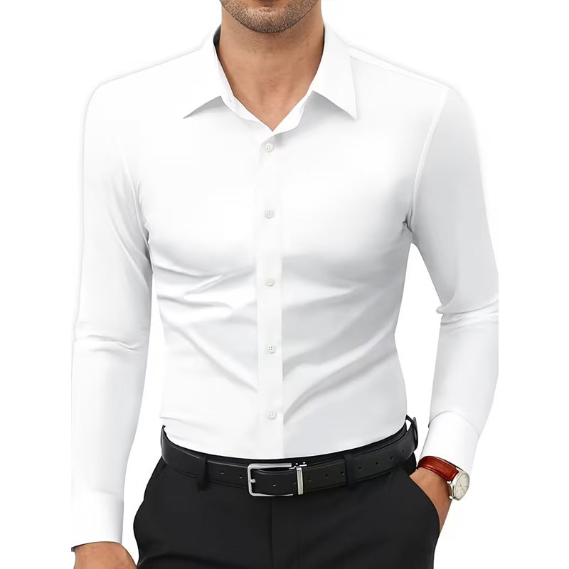 Four-Way Stretch White Button-Down Men's Plus-Size Formal Shirt