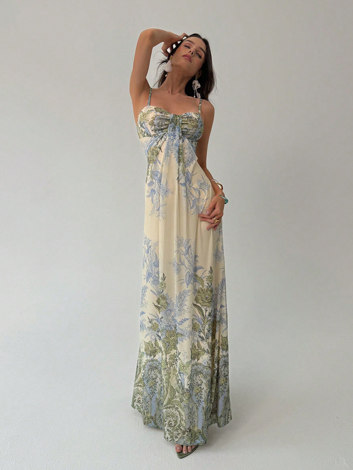 Floral Print Twist Waist Halter Long Dress