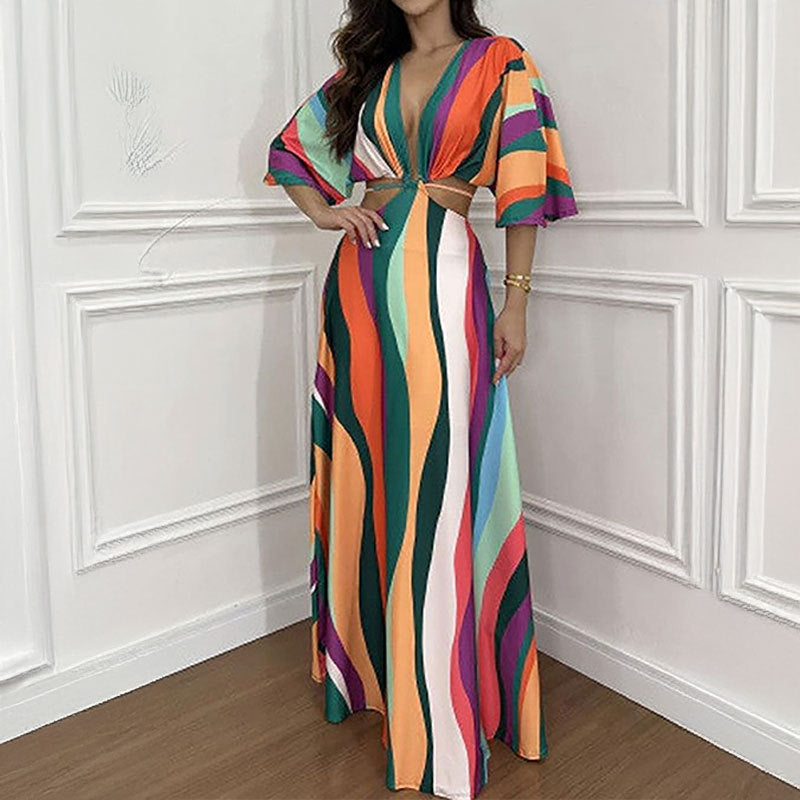 Elegant Tie Waist Printed Long Dress