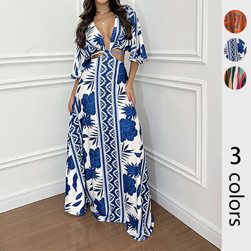 Elegant Tie Waist Printed Long Dress