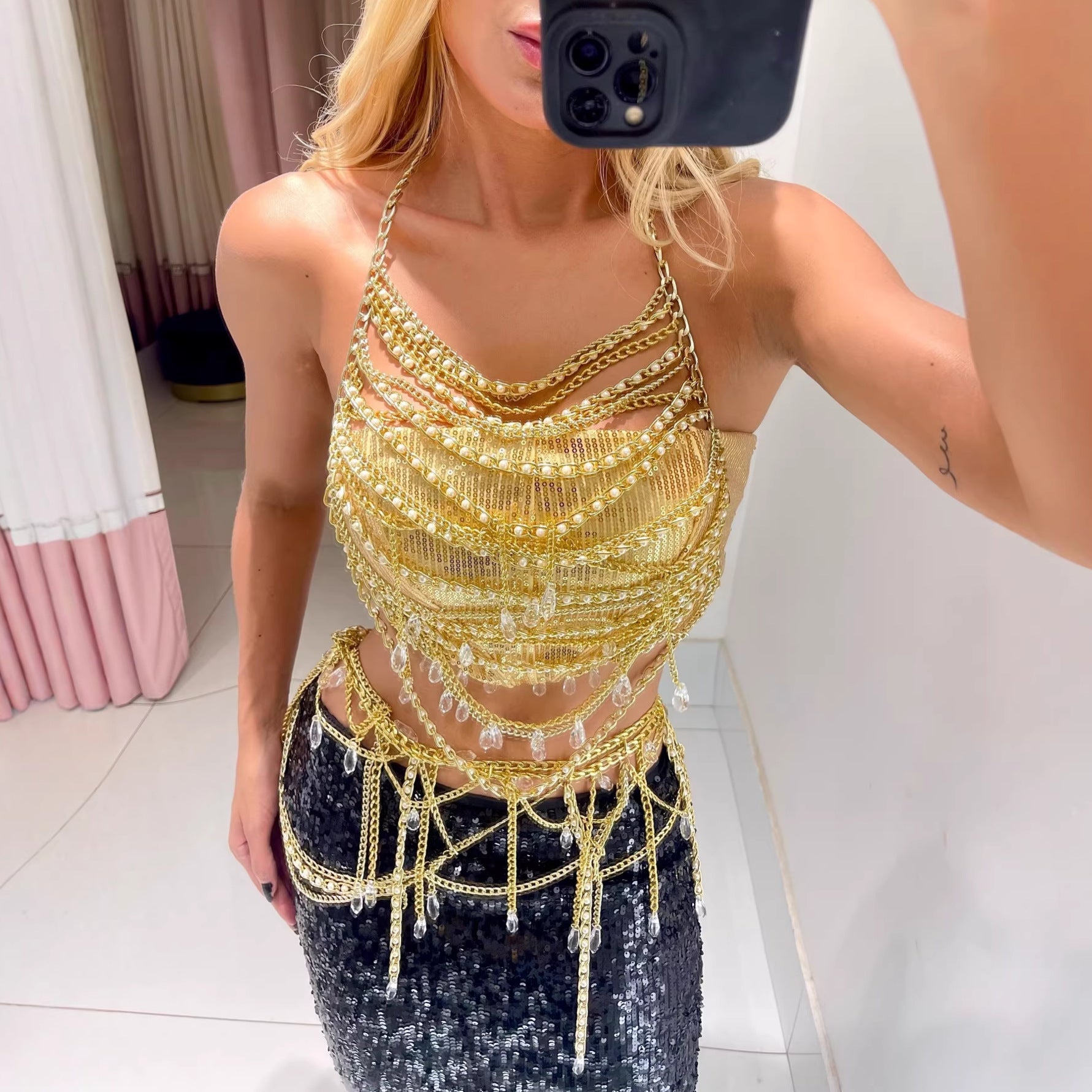 Women's Gold Layered Pearl Body Chain