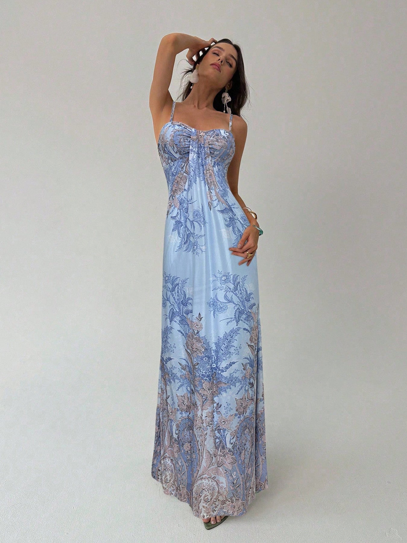 Floral Print Twist Waist Halter Long Dress